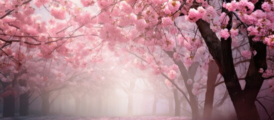 A solitary tree with delicate pink flowers blooming in a hazy and misty environment