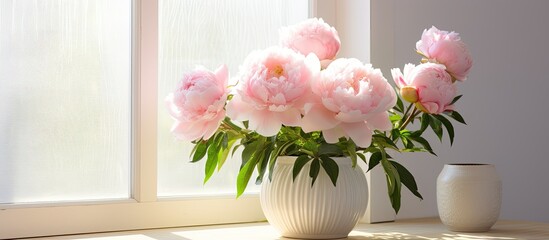 A delicate glass vase containing beautiful pink flowers is placed on the ledge of a window