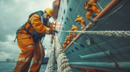 Extreme close-up of crew members securing mooring lines as the cruise ship docks, demonstrating teamwork and professionalism in the maritime industry. - obrazy, fototapety, plakaty