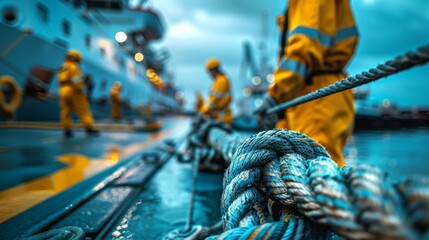 Captured in an intense extreme close-up, crew members collaborate seamlessly to fasten mooring lines, exemplifying the essence of teamwork and professionalism in maritime endeavors. - obrazy, fototapety, plakaty