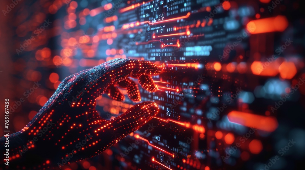 Aufkleber intricate macro shot of a hacker's hand attempting to breach a digital firewall, showcasing cyber se