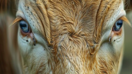 Through a macro lens, the tender eyes of a cow unveil the depth of expression and innate intelligence, painting a portrait of bovine sensitivity. - obrazy, fototapety, plakaty