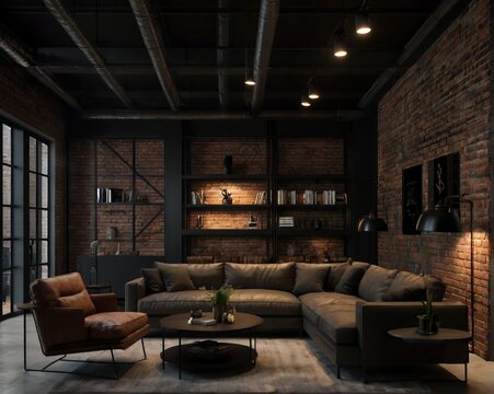 Sala estilo industrial, rustico em tons mais escuros.