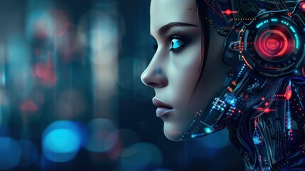 Side view a cyborg woman with modern cyberpunk future technology style background. AI generated