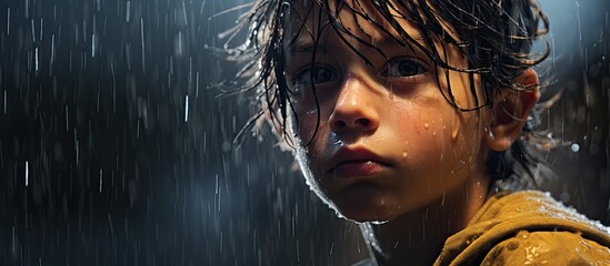 A young boy, with electric blue wings, stands in the rain gazing at the camera. He looks like a fictional character from an action film, his eyelashes wet from the darkness of the night