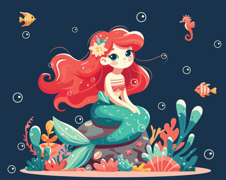 Illustration of a Beautiful mermaid girl sitting on the stone with seaweed. Vector Illustration