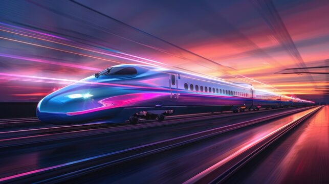 Colorful holographic High-speed train on dark background. AI generated image