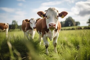 Fototapeta na wymiar Curious cow grazes in natural summer green field,