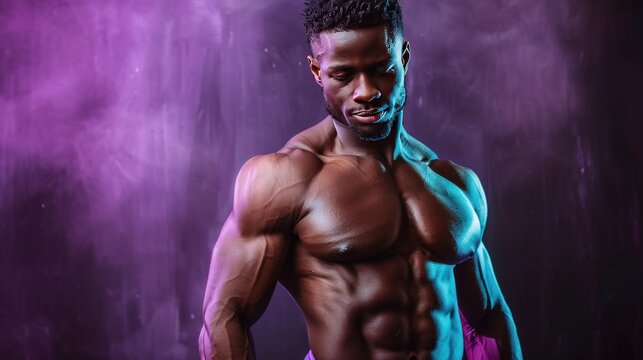 Afro athlete bodybuilder fitness model with abdominal muscles pose in studio. AI generated image