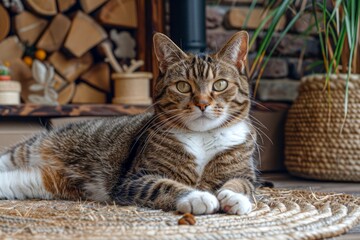 Relaxed Domestic Tabby Cat Lying Down in a Cozy Home Environment with Firewood Background