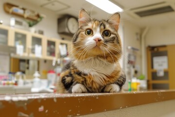 Adorable Domestic Multicolored Cat Sitting on Counter with Curious Expression in a Homely Kitchen Setting