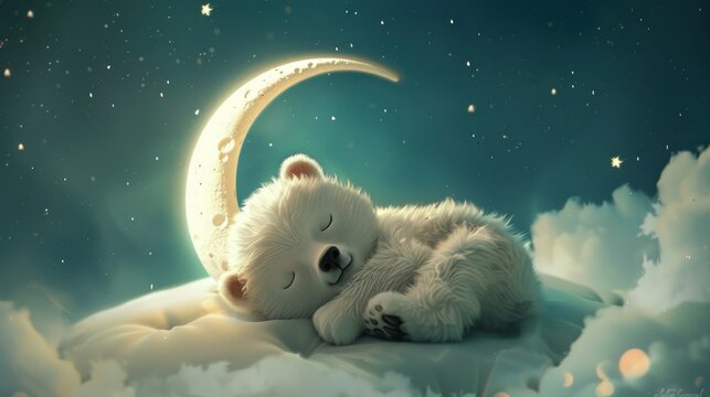 Rendering illustration Cute white baby bear animal sleeping on the Crescent moon. AI generated image