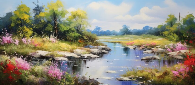 Scenic painting featuring a serene river, colorful flowers, lush trees, and a beautiful natural landscape