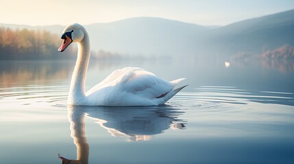Elegant swan on calm lake, smooth glide, symmetrical reflection, meditative ambience. - obrazy, fototapety, plakaty