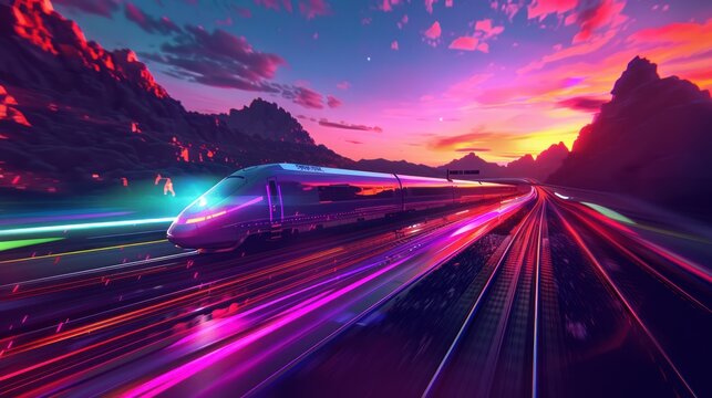 Colorful holographic High-speed train on dark background. AI generated image