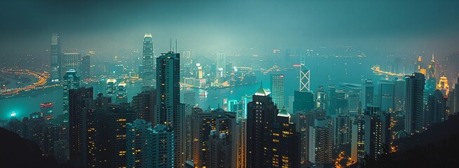 a cityscape with a lot of tall buildings at night time with lights on them - 769168671