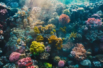 Fototapeta na wymiar The vibrant, rough texture of a coral reef, captured underwater with the sunlight through the ocean surface. Highlights the diverse ecosystem and structure created with Generative AI Technology