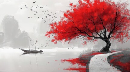 A red tree stands on the white lake, with its branches extending out over the water, a boat is in the lake, landscape, background