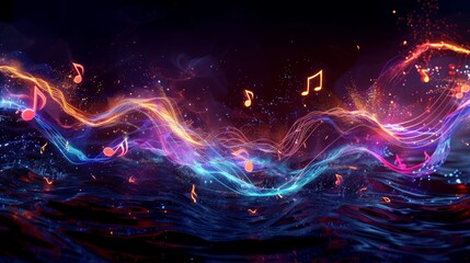 neon musical notes on the waves, background backdrop