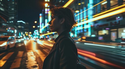 a woman is walking down a city street at night time - obrazy, fototapety, plakaty