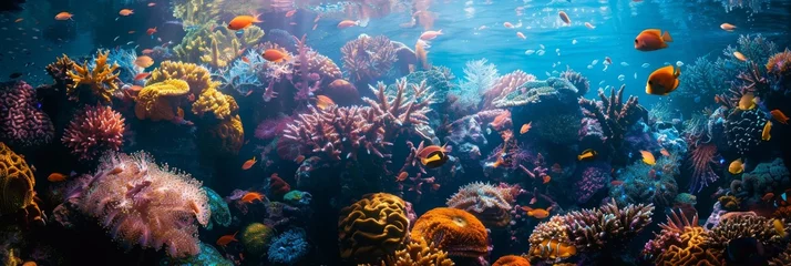 Foto op Plexiglas The vibrant, rough texture of a coral reef, captured underwater with the sunlight through the ocean surface. Highlights the diverse ecosystem and structure created with Generative AI Technology © Sentoriak