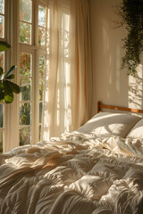 A comfortable bed with white sheets and pillows in a bedroom with hardwood flooring, next to a window with tints and shades curtains