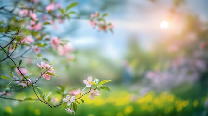 close up of spring blossom branches over blurred nature background with sunshine, banner, copy space.
