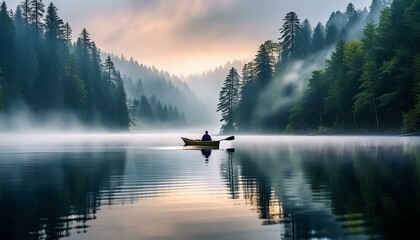 Tranquil Canoe Ride: Person Paddling on Water Amidst Misty Trees - obrazy, fototapety, plakaty