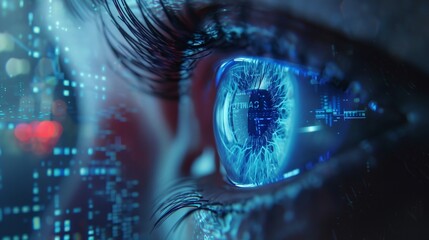 a close up of a person's eye with a futuristic design in the background