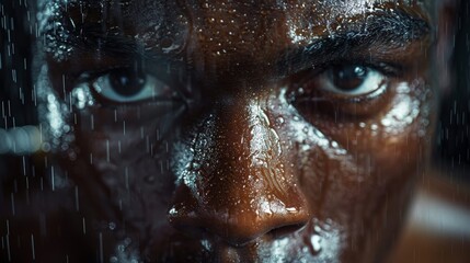 Extreme close-up of a boxer's sweat-slicked face, showcasing the physical exertion and unwavering determination required in individual sports boxing.