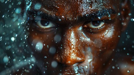 In a breathtaking close-up, the boxer's face, glistening with sweat, reveals the unyielding resolve and sheer physicality demanded by the solitary realm of boxing. - obrazy, fototapety, plakaty