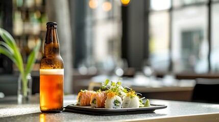 an image featuring a minimalist cocktail table setting with a focus on a solitary beer bottle, accompanied by visually enticing and appetizing food items - Powered by Adobe
