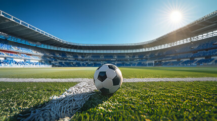 An empty professional soccer stadium with blue sky and sun from a low wide angle with a soccer ball centered in the foreground. Room for copy and text. 