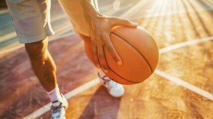 Naklejka premium Basketball Player Gripping the Ball on Court. Generative ai