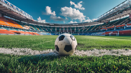 An empty professional soccer stadium with blue sky and clouds from a low wide angle with a soccer ball centered in the foreground. Room for copy and text. 