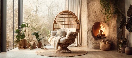 A boho chic living room filled with various stylish furniture pieces, including a wicker chair, on a wooden floor. A cozy fireplace adds warmth and ambiance to the room.