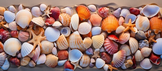 A collection of various shells, including conch and scallop, are carefully arranged together on a wooden table, creating a beautiful display