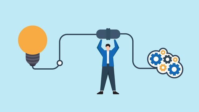 Animation of Idea Achieving Goal Solution or Success, Career Achievement, Character Concept Connecting Energy to a Light Bulb