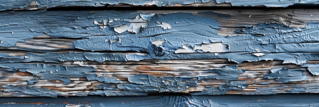 A close-up of the weathered surface of an old barn wood, revealing layers of peeling paint in muted shades of blue and gray, tells a story of time and exposure created with Generative AI Technology