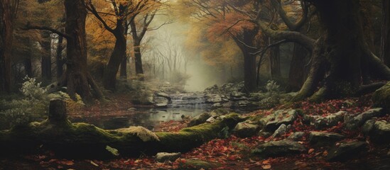 A serene close-up of a gentle stream flowing through a lush forest filled with trees and rocky formations