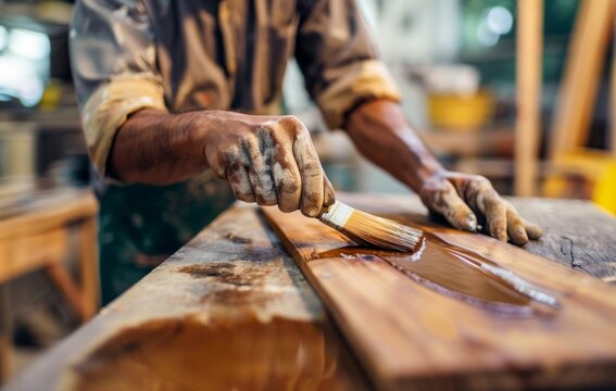 Carpenter Applying Varnish to Wooden Surface. Generative ai
