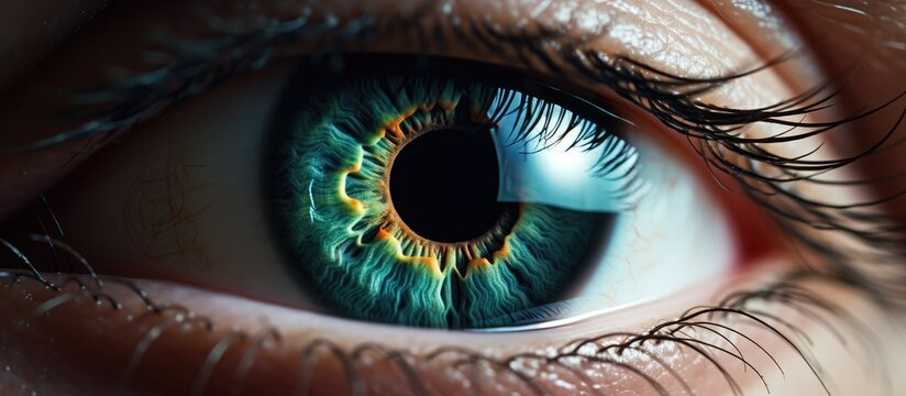 A closeup of a womans electric blue iris with eyelashes, framed by a circle of eye shadow, showcasing the beauty and art of macro photography