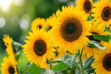 Naklejka premium Beautiful Sunflower Field with Bright Sun Blooming in the Background on a Sunny Day