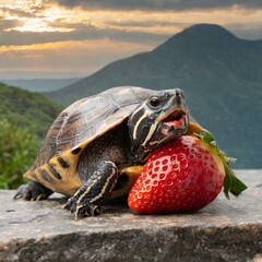 Turtle eating a strawberry