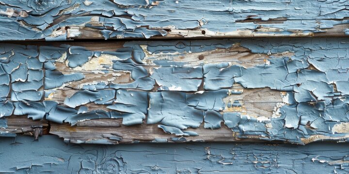A close-up of the weathered surface of an old barn wood, revealing layers of peeling paint in muted shades of blue and gray, tells a story of time and exposure created with Generative AI Technology