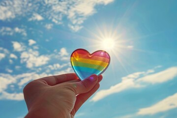 Hand holding rainbow heart shape symbol for pride month against blue sky background Generative AI