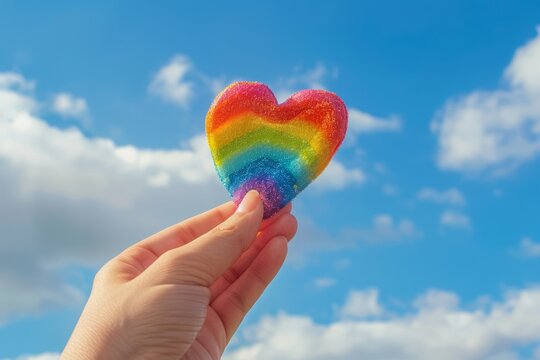Close up of hand holding colorful heart shaped rainbow against blue sky background, lgbt concept Generative AI