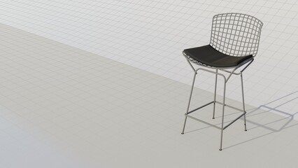 A white chair with a black cushion sits on a white wall