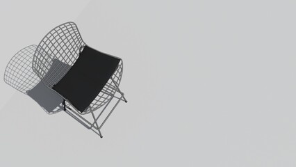 A white chair with a black cushion sits on a white wall