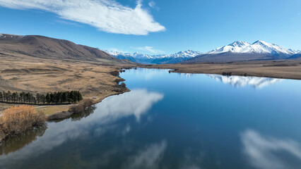 Aerial views of the alpine Lake Clearwater in NZ South island Ashburton conservation park